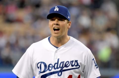 May 24, 2017; Los Angeles, CA, USA; Los Angeles Dodgers pitcher Rich Hill (44) reacts at the end of the second inning against the St. Louis Cardinals at Dodger Stadium. Mandatory Credit: Kirby Lee-USA TODAY Sports