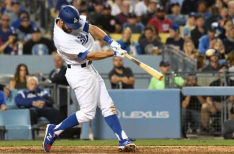 Jun 5, 2017; Los Angeles, CA, USA; Los Angeles Dodgers second baseman Chris Taylor (3) doubles in a run in the sixth inning against the Washington Nationals at Dodger Stadium. Mandatory Credit: Richard Mackson-USA TODAY Sports