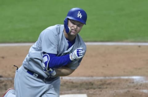 Jun 14, 2017; Cleveland, OH, USA; Los Angeles Dodgers center fielder Joc Pederson (31) reacts after he was hit by a pitch in the fifth inning against the Cleveland Indians at Progressive Field. Mandatory Credit: David Richard-USA TODAY Sports