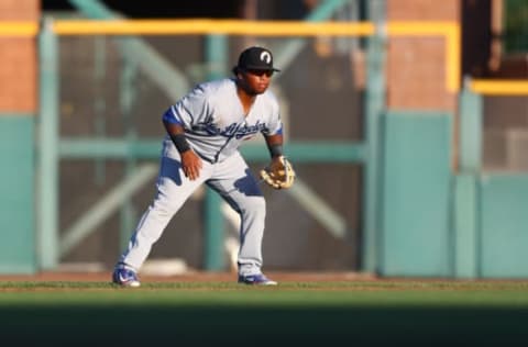 Nov 8, 2016; Scottsdale, AZ, USA; Glendale Desert Dogs infielder Willie Calhoun of the Los Angeles Dodgers against the Scottsdale Scorpions during an Arizona Fall League game at Scottsdale Stadium. Mandatory Credit: Mark J. Rebilas-USA TODAY Sports