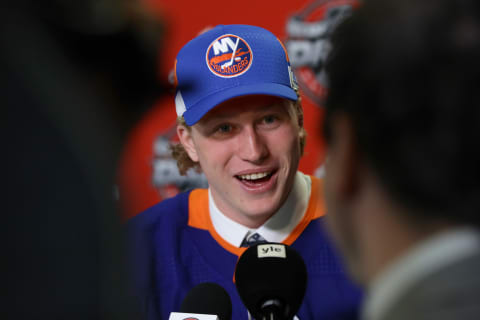 Robin Salo is interviewed after being selected 46th overall by the New York Islanders (Photo by Jonathan Daniel/Getty Images)