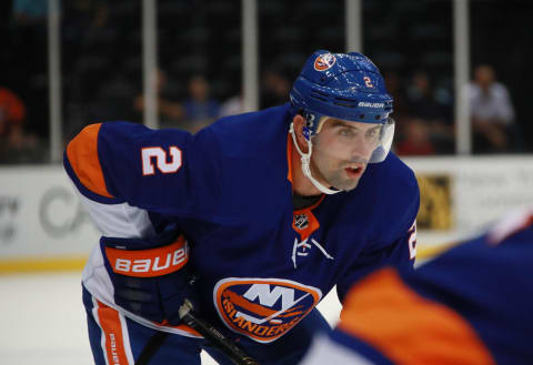 UNIONDALE, NEW YORK – SEPTEMBER 16: Nick Leddy #2 of the New York Islanders skates against the Philadelphia Flyers during a preseason game at the Nassau Veterans Memorial Coliseum on September 16, 2018 in Uniondale, New York. (Photo by Bruce Bennett/Getty Images)