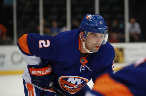 UNIONDALE, NEW YORK – SEPTEMBER 16: Nick Leddy #2 of the New York Islanders skates against the Philadelphia Flyers during a preseason game at the Nassau Veterans Memorial Coliseum on September 16, 2018 in Uniondale, New York. (Photo by Bruce Bennett/Getty Images)