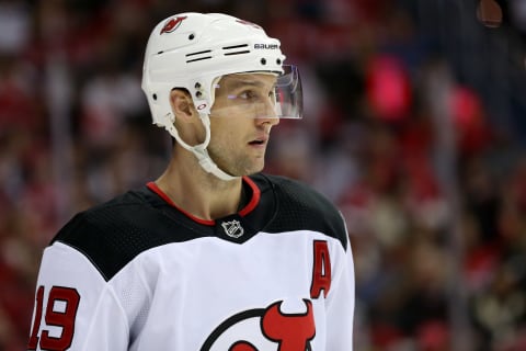 WASHINGTON, DC – NOVEMBER 30: Travis Zajac #19 of the New Jersey Devils looks on during the second period against the Washington Capitals at Capital One Arena on November 30, 2018 in Washington, DC. (Photo by Will Newton/Getty Images)