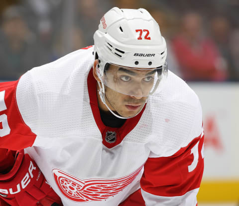 TORONTO,ON – DECEMBER 6: Andreas Athanasiou #72 of the Detroit Red Wings waits for a faceoff against the Toronto Maple Leafs during an NHL game at Scotiabank Arena on December 6, 2018 in Toronto, Ontario, Canada. The Red Wings defeated the Maple Leafs 5-4 in overtime. (Photo by Claus Andersen/Getty Images)