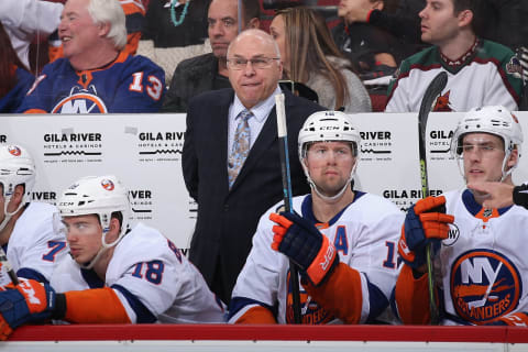 GLENDALE, ARIZONA – DECEMBER 18: Head coach Barry Trotz of the New York Islanders during the NHL game against the Arizona Coyotes at Gila River Arena on December 18, 2018 in Glendale, Arizona. The Islanders defeated the Coyotes 3-1. (Photo by Christian Petersen/Getty Images)