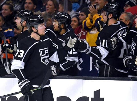 LOS ANGELES, CALIFORNIA – JANUARY 21: Tyler Toffoli #73 of the Los Angeles Kings celebrates his goal with the bench to trail 2-1 to the St. Louis Blues during the first period at Staples Center on January 21, 2019 in Los Angeles, California. (Photo by Harry How/Getty Images)