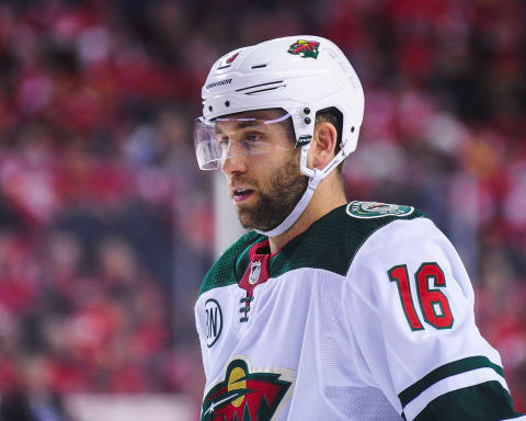 CALGARY, AB – MARCH 2: Jason Zucker #16 of the Minnesota Wild in action against the Calgary Flames during an NHL game at Scotiabank Saddledome on March 2, 2019 in Calgary, Alberta, Canada. (Photo by Derek Leung/Getty Images)