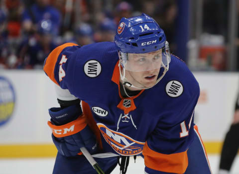 UNIONDALE, NEW YORK – MARCH 09: Tom Kuhnhackl #14 of the New York Islanders skates against the Philadelphia Flyers at NYCB Live’s Nassau Coliseum on March 09, 2019 in Uniondale, New York. The Flyers defeated the Islanders 5-2. (Photo by Bruce Bennett/Getty Images)