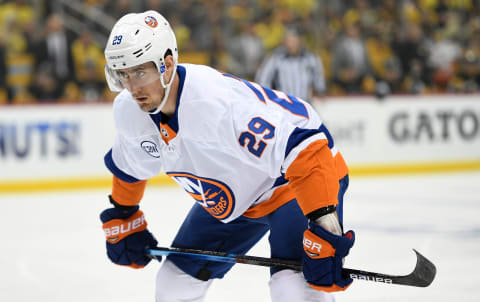 PITTSBURGH, PA – APRIL 14: Brock Nelson #29 of the New York Islanders prepares to take a faceoff during the first period in Game Three of the Eastern Conference First Round against the Pittsburgh Penguins during the 2019 NHL Stanley Cup Playoffs at PPG PAINTS Arena on April 14, 2019 in Pittsburgh, Pennsylvania. (Photo by Justin Berl/Getty Images)