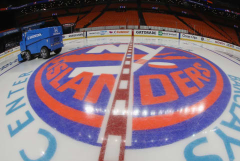 NEW YORK, NEW YORK – APRIL 28: A general view of the ice surface and the New York Islanders logo prior to the game against the Carolina Hurricanes in Game Two of the Eastern Conference Second Round during the 2019 NHL Stanley Cup Playoffs at the Barclays Center on April 28, 2019 in the Brooklyn borough of New York City. (Photo by Bruce Bennett/Getty Images)