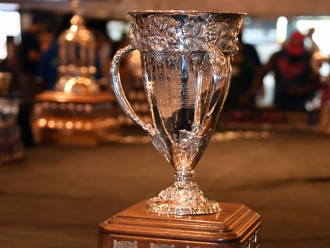 LAS VEGAS, NEVADA – JUNE 16: The Calder Memorial Trophy is displayed at MGM Grand Hotel & Casino in advance of the 2019 NHL Awards on June 16, 2019 in Las Vegas. Nevada. The 2019 NHL Awards will be held on June 19 at the Mandalay Bay Events Center in Las Vegas. (Photo by Ethan Miller/Getty Images)