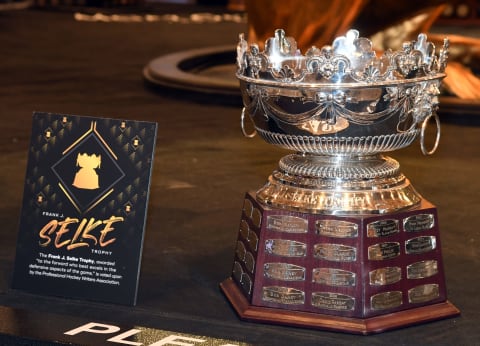 LAS VEGAS, NEVADA – JUNE 16: The Frank J. Selke Trophy is displayed at MGM Grand Hotel & Casino in advance of the 2019 NHL Awards on June 16, 2019 in Las Vegas. Nevada. The 2019 NHL Awards will be held on June 19 at the Mandalay Bay Events Center in Las Vegas. (Photo by Ethan Miller/Getty Images)