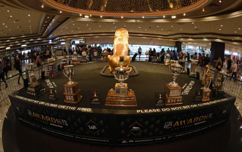 LAS VEGAS, NEVADA – JUNE 16: (EDITORS NOTE: This image was shot with a fisheye lens.) NHL trophies and awards are displayed at MGM Grand Hotel & Casino in advance of the 2019 NHL Awards on June 16, 2019 in Las Vegas. Nevada. The 2019 NHL Awards will be held on June 19 at the Mandalay Bay Events Center in Las Vegas. (Photo by Ethan Miller/Getty Images)