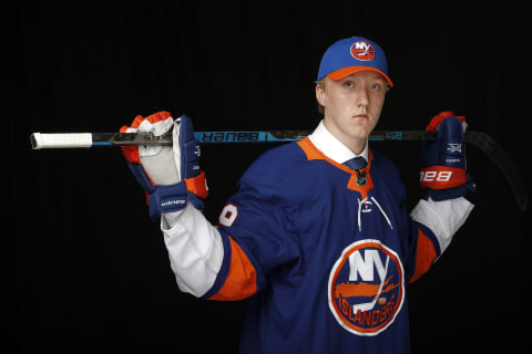 Simon Holmstrom poses for a portrait after being selected twenty-third overall by the New York Islanders during the first round of the 2019 NHL Draft at Rogers Arena on June 21, 2019 in Vancouver, Canada. (Photo by Kevin Light/Getty Images)