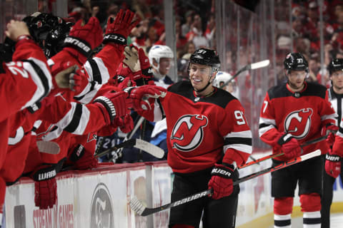 NEWARK, NJ – OCTOBER 4: Nikita Gusev #97 of the New Jersey Devils celebrates scoring a goal during the first period against the Winnipeg Jets at the Prudential Center on October 4, 2019 in Newark, New Jersey. (Photo by Adam Hunger/Getty Images)