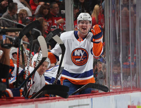 NEWARK, NEW JERSEY – SEPTEMBER 21: Ross Johnston #32 of the New York Islanders yells during the second period against the New Jersey Devils at the Prudential Center on September 21, 2019 in Newark, New Jersey. (Photo by Bruce Bennett/Getty Images)