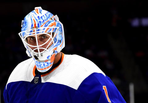 UNIONDALE, NEW YORK – OCTOBER 08: Thomas Greiss #1 of the New York Islanders looks on during the third period of their game against the Edmonton Oilers at the NYCB’s LIVE Nassau Coliseum on October 08, 2019 in Uniondale, New York. (Photo by Emilee Chinn/Getty Images)