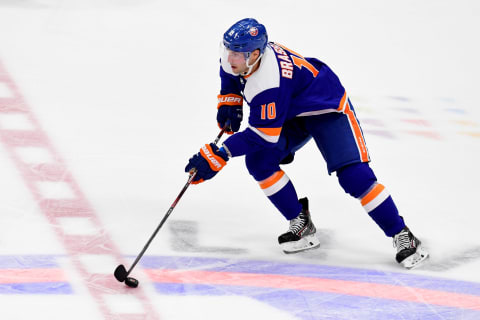 UNIONDALE, NEW YORK – OCTOBER 08: Derick Brassard #10 of the New York Islanders controls the puck during their game against the Edmonton Oilers at the NYCB’s LIVE Nassau Coliseum on October 08, 2019 in Uniondale, New York. (Photo by Emilee Chinn/Getty Images)