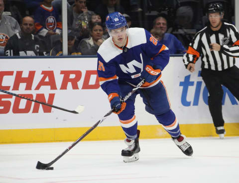 UNIONDALE, NEW YORK – OCTOBER 14: Oliver Wahlstrom #26 of the New York Islanders skates in his first NHL game against the St. Louis Blues at NYCB Live’s Nassau Coliseum on October 14, 2019 in Uniondale, New York. (Photo by Bruce Bennett/Getty Images)