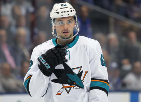 TORONTO, ON – OCTOBER 25: Kevin LaBanc #62 of the San Jose Sharks waits for play to resume against the Toronto Maple Leafs during an NHL game at Scotiabank Arena on October 25, 2019 in Toronto, Ontario, Canada. The Maple Leafs defeated the Sharks 4-1. (Photo by Claus Andersen/Getty Images)