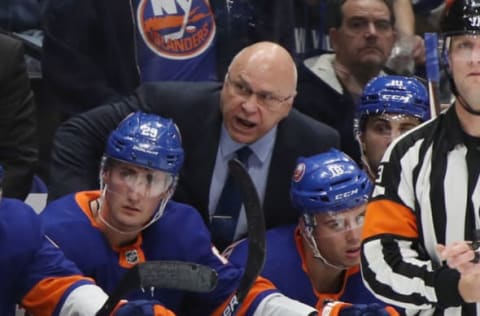 UNIONDALE, NEW YORK – NOVEMBER 01: Barry Trotz, head coach of the New York Islanders tends to the bench during the third period against the Tampa Bay Lightning at NYCB Live’s Nassau Coliseum on November 01, 2019 in Uniondale, New York. The Islanders defeated the Lightning 5-2. (Photo by Bruce Bennett/Getty Images)