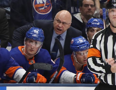 UNIONDALE, NEW YORK – NOVEMBER 01: Barry Trotz, head coach of the New York Islanders tends to the bench during the third period against the Tampa Bay Lightning at NYCB Live’s Nassau Coliseum on November 01, 2019 in Uniondale, New York. The Islanders defeated the Lightning 5-2. (Photo by Bruce Bennett/Getty Images)