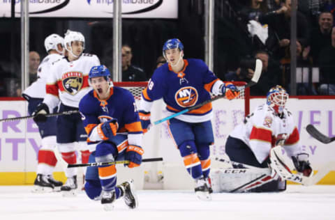 NEW YORK, NEW YORK – NOVEMBER 09: Mathew Barzal #13 of the New York Islanders celebrates after scoring a first period goal against Sergei Bobrovsky #72 of the Florida Panthers during their game at Barclays Center on November 09, 2019 in New York City. (Photo by Al Bello/Getty Images)