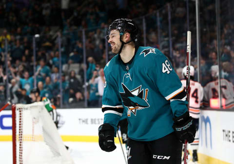 SAN JOSE, CALIFORNIA – NOVEMBER 12: Tomas Hertl #48 of the San Jose Sharks smiles after he scored a goal against the Edmonton Oilers at SAP Center on November 12, 2019 in San Jose, California. (Photo by Ezra Shaw/Getty Images)