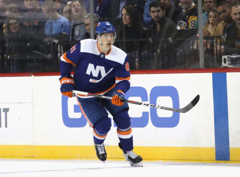 NEW YORK, NEW YORK – NOVEMBER 21: Otto Koivula #21 of the New York Islanders skates against the Pittsburgh Penguins at the Barclays Center on November 21, 2019 in the Brooklyn borough of New York City. (Photo by Bruce Bennett/Getty Images)