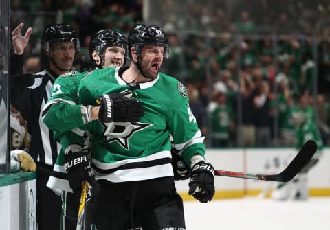 DALLAS, TEXAS – NOVEMBER 25: Alexander Radulov #47 of the Dallas Stars celebrates his goal with John Klingberg #3 against the Vegas Golden Knights in the third period at American Airlines Center on November 25, 2019 in Dallas, Texas. (Photo by Ronald Martinez/Getty Images)