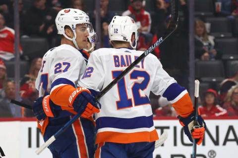 DETROIT, MICHIGAN – DECEMBER 02: Anders Lee #27 of the New York Islanders celebrates his first period goal with Josh Bailey #12 while playing the Detroit Red Wings at Little Caesars Arena on December 02, 2019 in Detroit, Michigan. (Photo by Gregory Shamus/Getty Images)