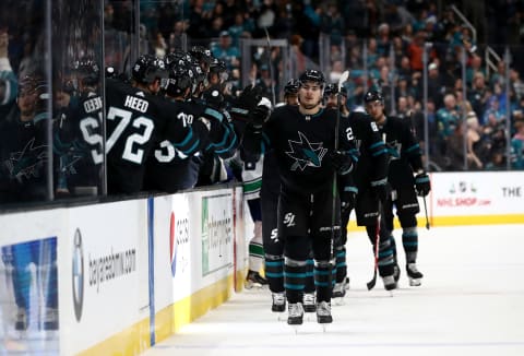 SAN JOSE, CALIFORNIA – DECEMBER 14: Timo Meier #28 of the San Jose Sharks is congratulated by teammates after he scored a goal against the Vancouver Canucks at SAP Center on December 14, 2019 in San Jose, California. (Photo by Ezra Shaw/Getty Images)