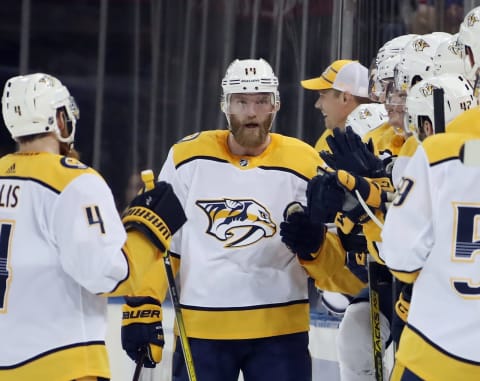 NEW YORK, NEW YORK – DECEMBER 16: Mattias Ekholm #14 of the Nashville Predators celebrates his goal at 15:23 of the second period against the New York Rangers at Madison Square Garden on December 16, 2019 in New York City. (Photo by Bruce Bennett/Getty Images)