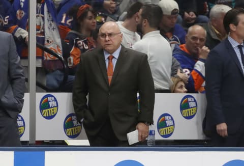 UNIONDALE, NEW YORK – DECEMBER 17: Barry Trotz, the head coach of the New York Islanders handles the bench against the Nashville Predators at NYCB Live’s Nassau Coliseum on December 17, 2019 in Uniondale, New York. The Predators defeated the Islanders 8-3. (Photo by Bruce Bennett/Getty Images)