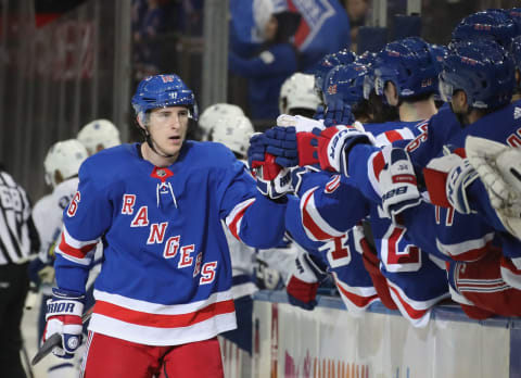 NEW YORK, NEW YORK – DECEMBER 20: Ryan Strome #16 of the New York Rangers celebrates his goal against the Toronto Maple Leafs at 17:51 of the first period at Madison Square Garden on December 20, 2019 in New York City. (Photo by Bruce Bennett/Getty Images)