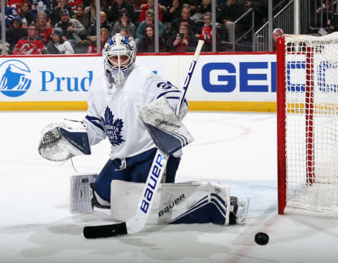 NEWARK, NEW JERSEY – DECEMBER 27: Michael Hutchinson #30 of the Toronto Maple Leafs sticks aside a second period shot against the New Jersey Devils at the Prudential Center on December 27, 2019 in Newark, New Jersey. (Photo by Bruce Bennett/Getty Images)