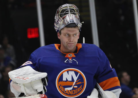 UNIONDALE, NEW YORK – JANUARY 06: Semyon Varlamov #40 of the New York Islanders tends net against the Colorado Avalanche during the first period at NYCB Live’s Nassau Coliseum on January 06, 2020 in Uniondale, New York. (Photo by Bruce Bennett/Getty Images)