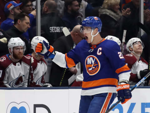 UNIONDALE, NEW YORK – JANUARY 06: Anders Lee #27 of the New York Islanders celebrates his game winning goal against the Colorado Avalanche at 5:31 of the third period at NYCB Live’s Nassau Coliseum on January 06, 2020 in Uniondale, New York. The Islanders shut-out to Avalanche 1-0. (Photo by Bruce Bennett/Getty Images)