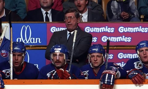 TORONTO, ON – DECEMBER 11: Head coach Al Arbour of the New York Islanders watches the play against the Toronto Maple Leafs during NHL game action on December 11, 1991 at Maple Leaf Gardens in Toronto, Ontario, Canada. (Photo by Graig Abel/Getty Images)