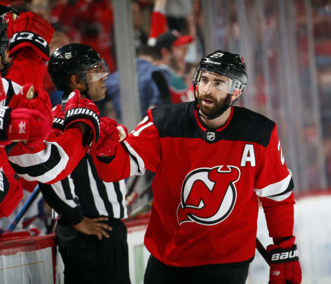 NEWARK, NJ – FEBRUARY 4: Kyle Palmieri #21 of the New Jersey Devils celebrates scoring his goal in the third period of an NHL hockey game against the Montreal Canadiens on February 4, 2020 at the Prudential Center in Newark, New Jersey. Montreal won 5-4 in a shootout, (Photo by Paul Bereswill/Getty Images)