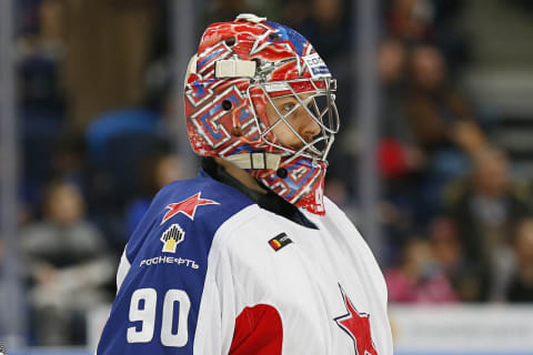 MOSCOW, RUSSIA – JANUARY 08: Ilya Sorokin #90 of the CSKA looks on against the Dynamo Moscow at the Arena VTB Moscow on January 8, 2020 in Moscow, Russia. (Photo by Anna Sergeeva/ Getty Images)