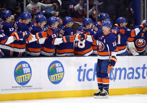 UNIONDALE, NEW YORK – JANUARY 14: Josh Bailey #12 of the New York Islanders celebrates his goal at 3:59 of the first period against the Detroit Red Wings at NYCB Live’s Nassau Coliseum on January 14, 2020 in Uniondale, New York. (Photo by Bruce Bennett/Getty Images)