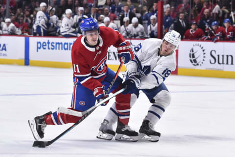 MONTREAL, QC – FEBRUARY 08: Andreas Johnsson #18 of the Toronto Maple Leafs challenges Brendan Gallagher #11 of the Montreal Canadiens during the second period at the Bell Centre on February 8, 2020 in Montreal, Canada. (Photo by Minas Panagiotakis/Getty Images)