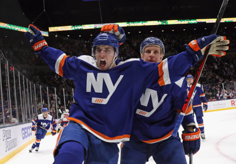 UNIONDALE, NEW YORK – JANUARY 18: Devon Toews #25 of the New York Islanders celebrates his second period goal against the Washington Capitals at NYCB Live’s Nassau Coliseum on January 18, 2020 in Uniondale, New York. (Photo by Bruce Bennett/Getty Images)