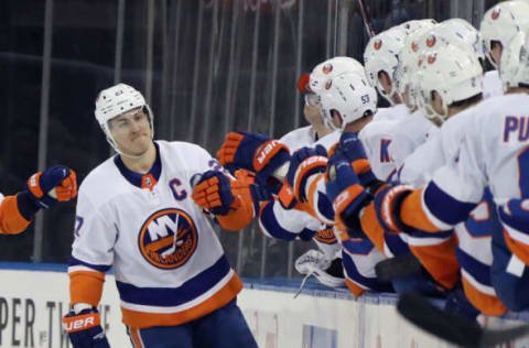 NEW YORK, NEW YORK – JANUARY 21: Anders Lee #27 of the New York Islanders celebrates his second period goal against the New York Rangers at Madison Square Garden on January 21, 2020 in New York City. (Photo by Bruce Bennett/Getty Images)