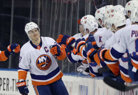 NEW YORK, NEW YORK – JANUARY 21: Anders Lee #27 of the New York Islanders celebrates his second period goal against the New York Rangers at Madison Square Garden on January 21, 2020 in New York City. (Photo by Bruce Bennett/Getty Images)