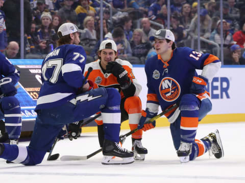 Victor Hedman #77 of the Tampa Bay Lightning and Mathew Barzal #13 of the New York Islanders (Photo by Bruce Bennett/Getty Images)