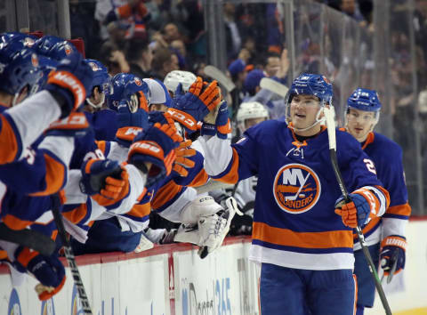 NEW YORK, NEW YORK – FEBRUARY 06: Kieffer Bellows #20 of the New York Islanders celebrates his second goal of the game against the Los Angeles Kings at 12:10 of the third period at the Barclays Center on February 06, 2020 in the Brooklyn borough of New York City. (Photo by Bruce Bennett/Getty Images)