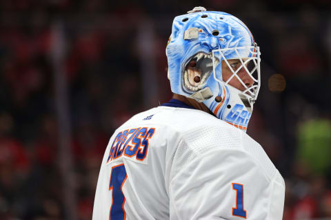 WASHINGTON, DC – FEBRUARY 10: Thomas Greiss #1 of the New York Islanders looks on against the Washington Capitals during the second period at Capital One Arena on February 10, 2020 in Washington, DC. (Photo by Patrick Smith/Getty Images)